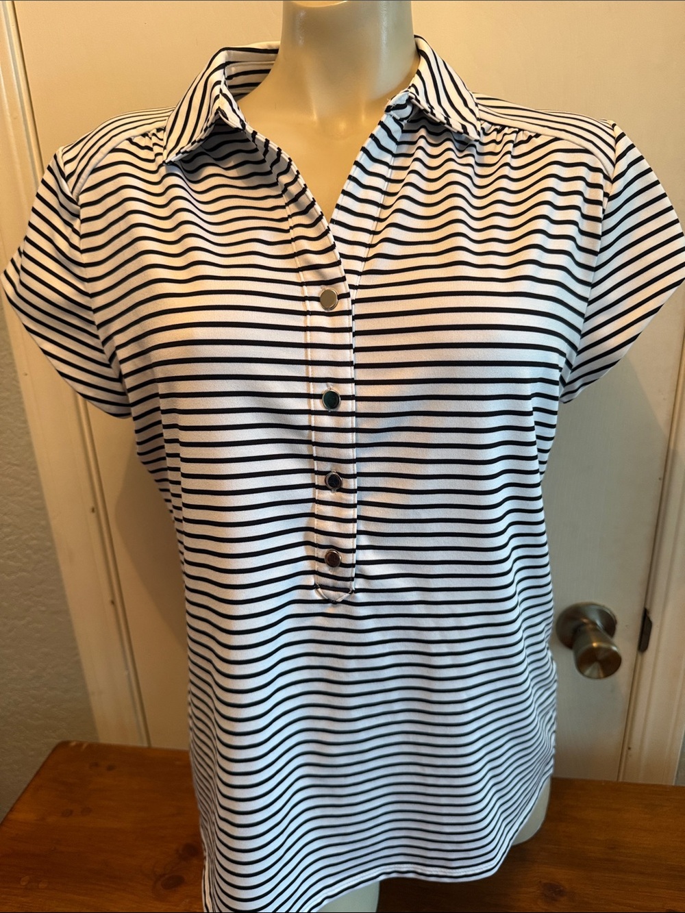Chico's White and Black Striped Polo-Style Blouse